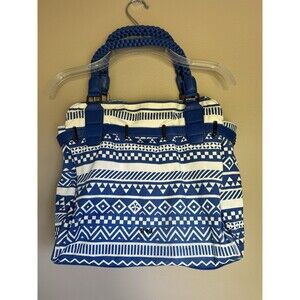 R & J BoHo Painted Canvas Tote HandBag Purse Thick Braided Handles LG Blue White